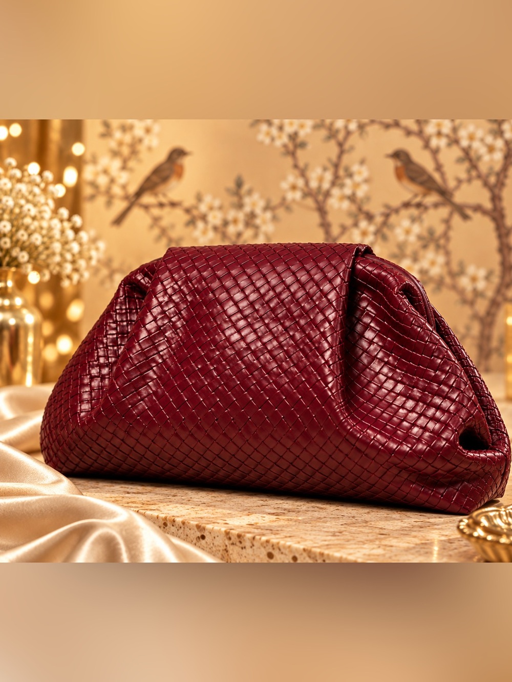 Burgundy Woven Oversized Clutch Bag Soft Slouchy Pouch Handbag